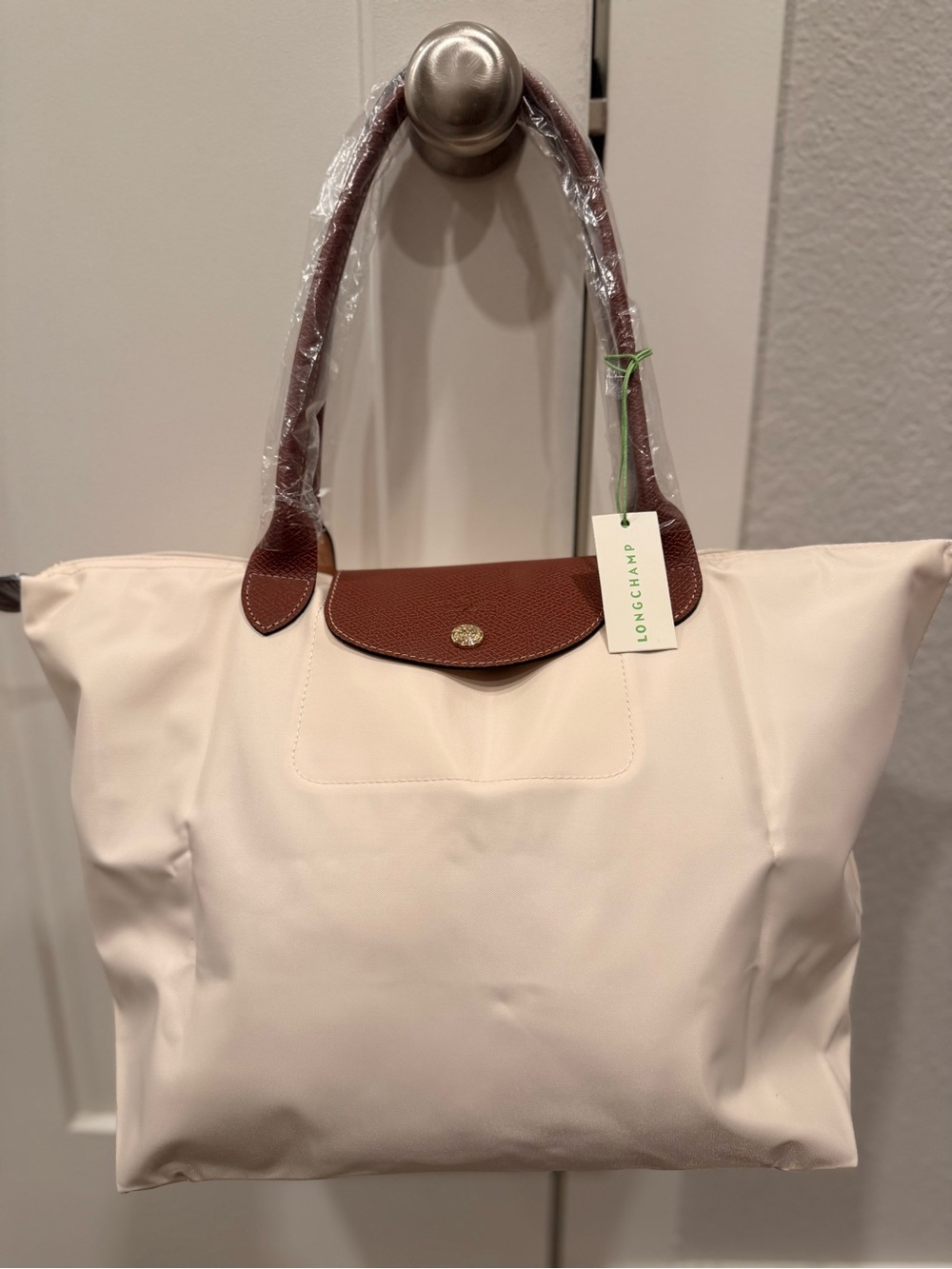 Longchamp Cream and Brown Le Pliage Large Tote
